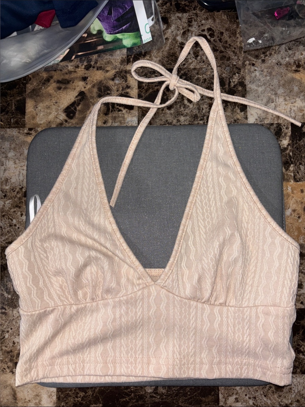 SHEIN Beige Lace-Texture Halter Crop Top